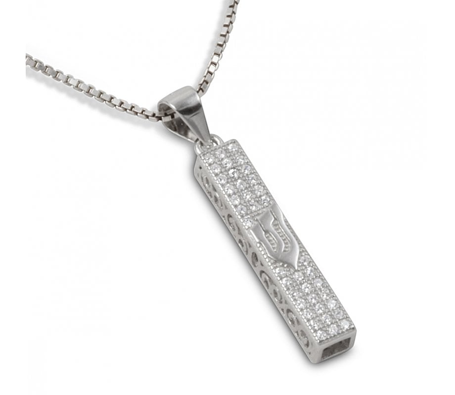 Small Square Mezuzah Necklace Pendant in Sterling Silver