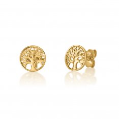 Solid 14K Yellow Gold Stud Earrings for Women - Tree of Life Image in a Circle