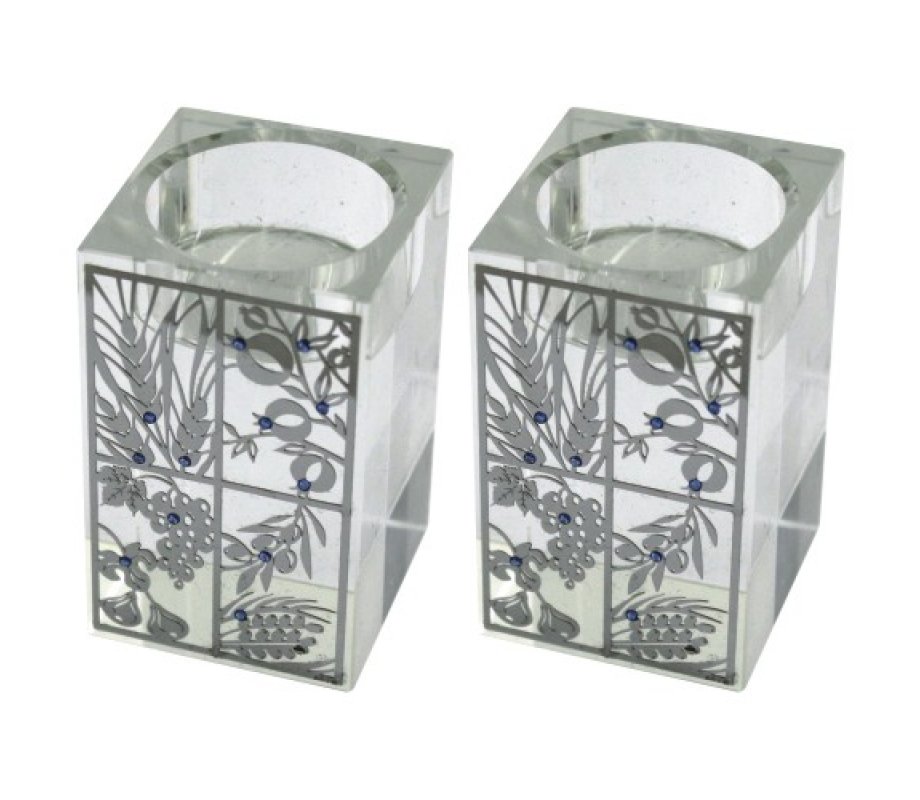 Square Crystal Glass Candlesticks, Silver Overlay with Stones Seven