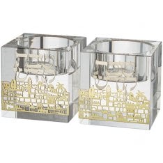Square Crystal Glass Candlesticks with Gold Color Metal Overlay - Jerusalem