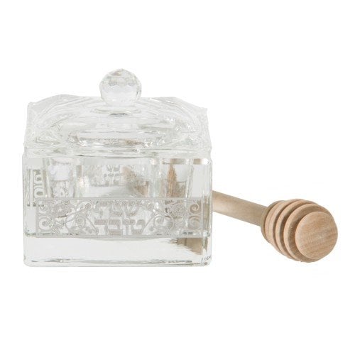 Square Crystal Honey Dish with Silver Decorative Metal Plaque, Lid and Dipper