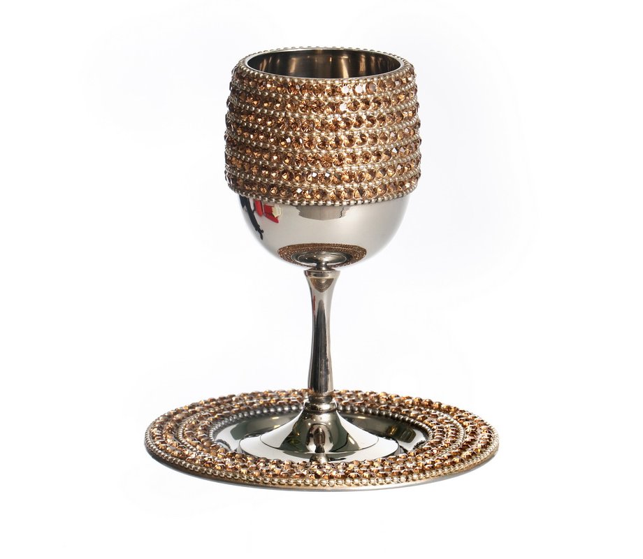 Stainless Steel Kiddush Cup on Stem Set - Gold Crystal Stones on Cup and Plate