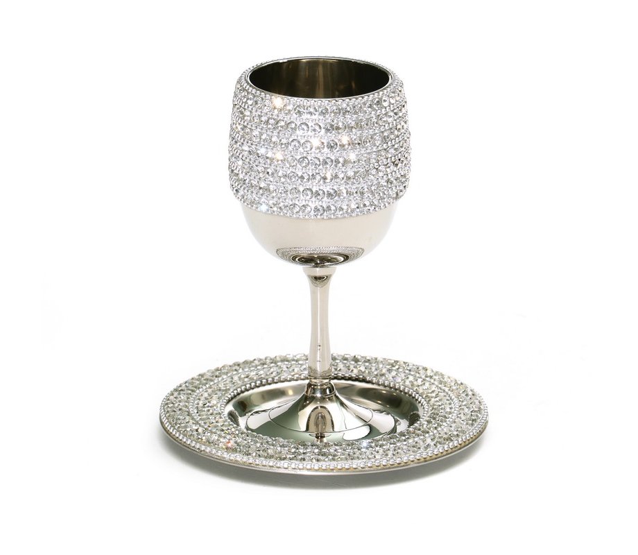 Stainless Steel Kiddush Cup on Stem Set - Silver Crystal Stones on Cup and Plate