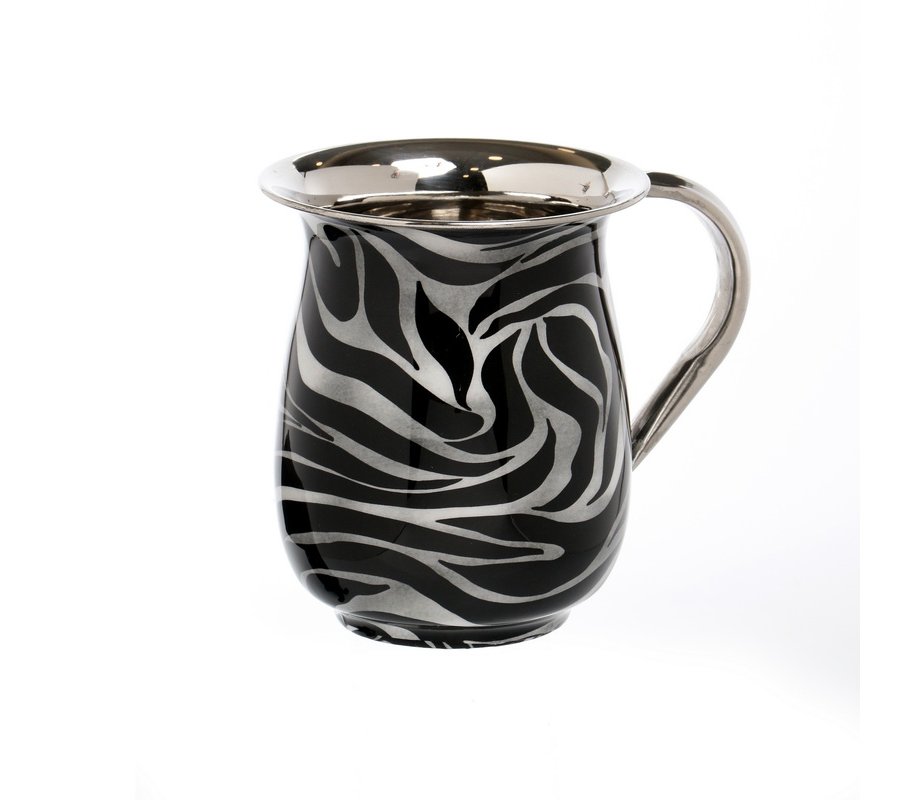 Stainless Steel Netilat Yadayim Wash Cup - Black and Silver Sweeping Streaks
