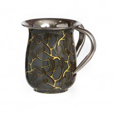 Stainless Steel Netilat Yadayim Wash Cup – Gray with Gold Leaf Design