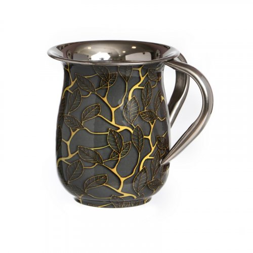 Stainless Steel Netilat Yadayim Wash Cup  Gray with Gold Leaf Design