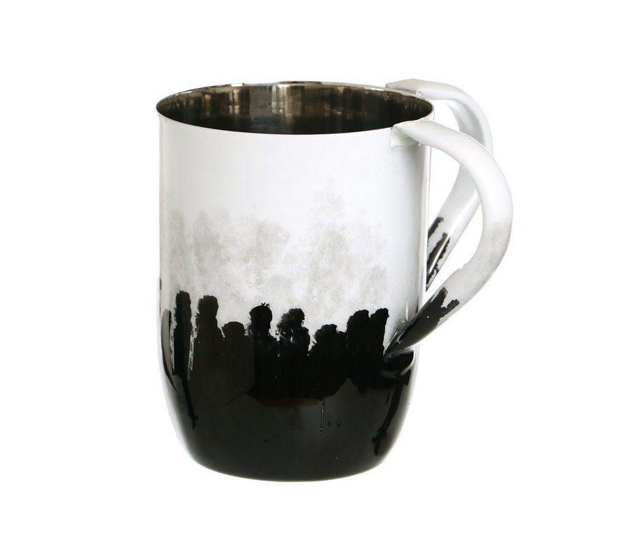 Stainless Steel Netilat Yadayim Wash Cup – White Enamel with Black Smudge Design