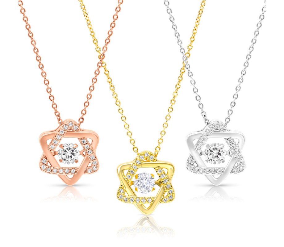 Stainless Steel Pendant Necklace, Yellow-Gold Plate - Star of David with Zircons
