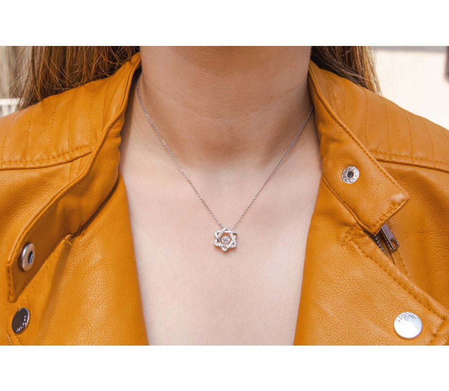 Stainless Steel Pendant Necklace with Decorative Star of David and Zircons