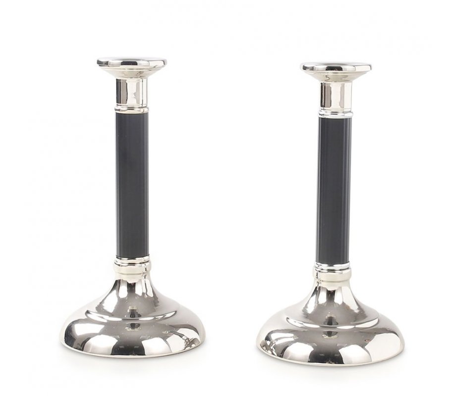 Stainless Steel Silver Candlesticks, Black Stem and Smooth Surface - Small