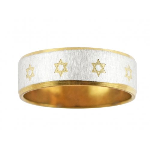 Stainless Steel Two Tone Ring with Small Gold Stars of David and Gold Rims