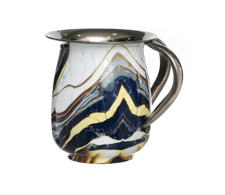 Stainless Steel Wash Cup, Blue Marble with White and Gold Enamel Streaks