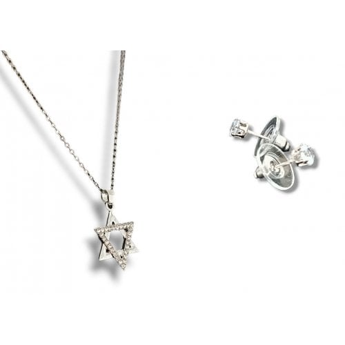 Star of David Pendant Necklace with Stud Earrings, Rhodium  Silver or Gold