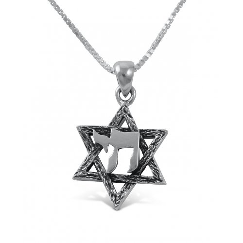 Star of David with Hebrew Chai, 925 Sterling Silver Pendant Necklace