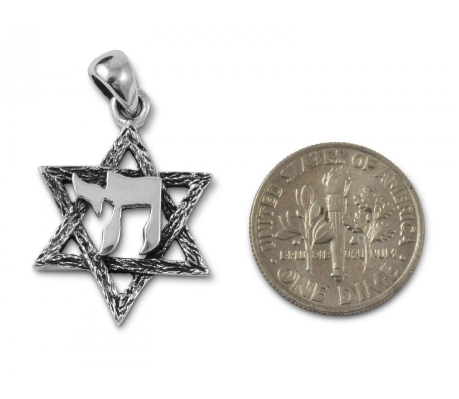 Star of David with Hebrew Chai, 925 Sterling Silver Pendant Necklace