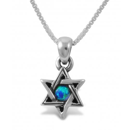 Star of David with Small Cultured Opal, 925 Sterling Silver Pendant Necklace