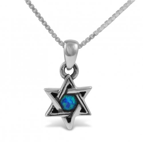 Star of David with Small Cultured Opal, 925 Sterling Silver Pendant Necklace