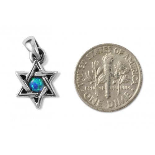 Star of David with Small Cultured Opal, 925 Sterling Silver Pendant Necklace