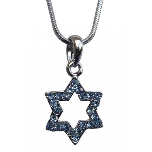 Star of David with blue stones Rhodium Necklace