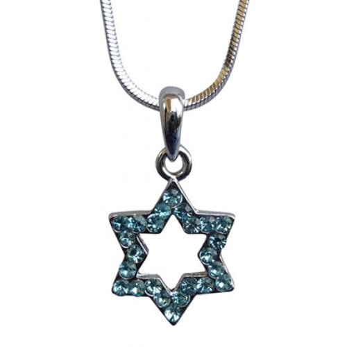 Star of David with light blue stones Rhodium Necklace