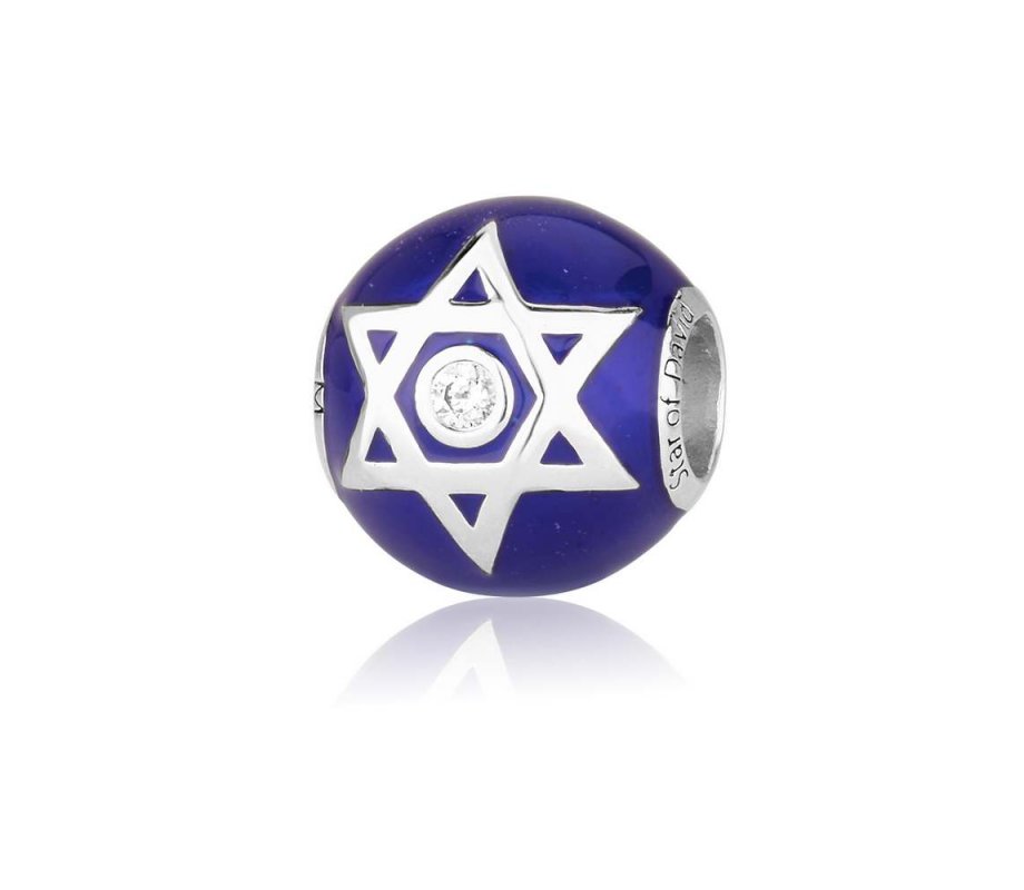 Sterling Silver Bead Bracelet Charm, Blue - Star of David with Crystal Center