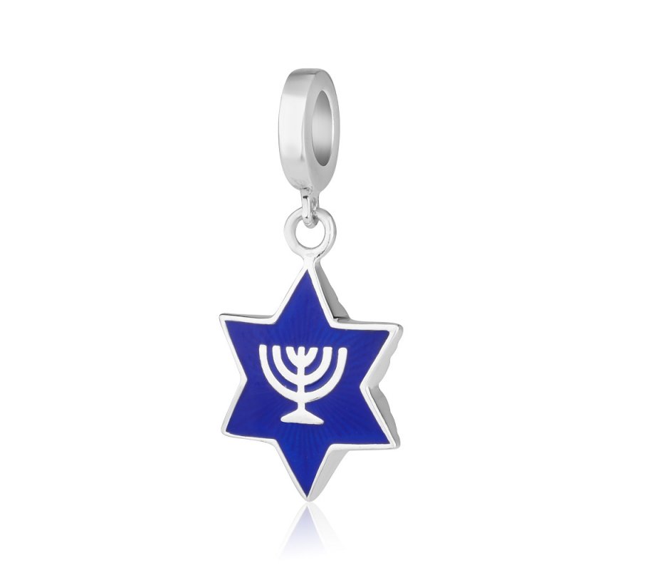 Sterling Silver Bracelet Charm - Blue Star of David with Menorah Image