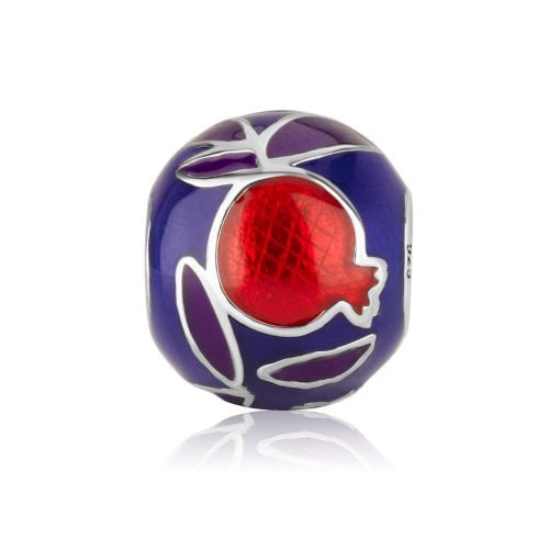 Sterling Silver Bracelet Charm - Enamel Red Pomegranate with Leaves on Blue