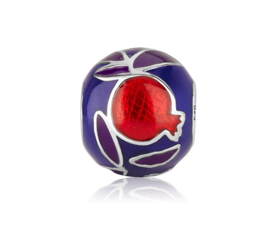 Sterling Silver Bracelet Charm - Enamel Red Pomegranate with Leaves on Blue