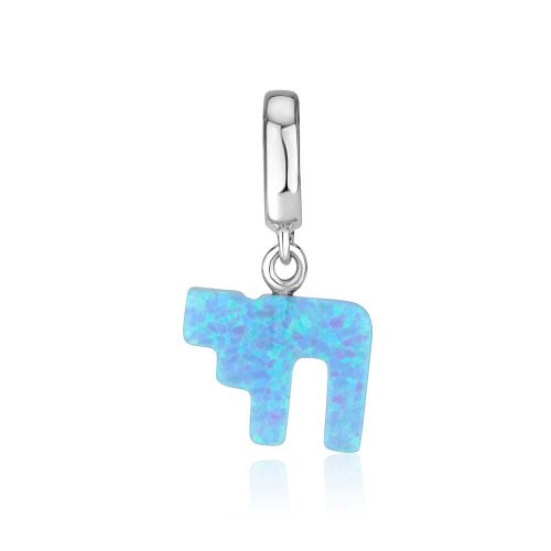Sterling Silver Charm with Hanging Blue Opal - Chai Hebrew Letters