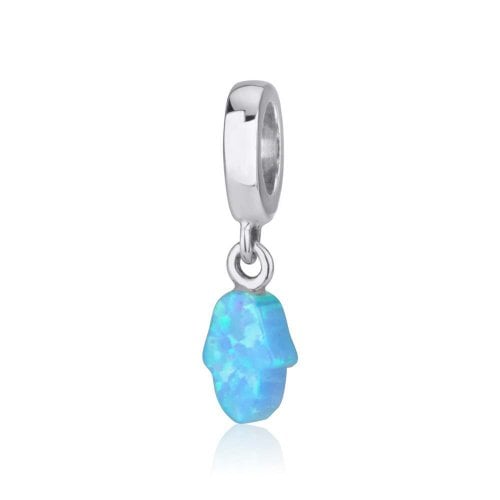 Sterling Silver Charm with Hanging Blue Opal - Hamsa Hand