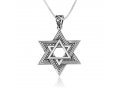 Sterling Silver Double Star of David Pendant Necklace  Beaded and Smooth Design