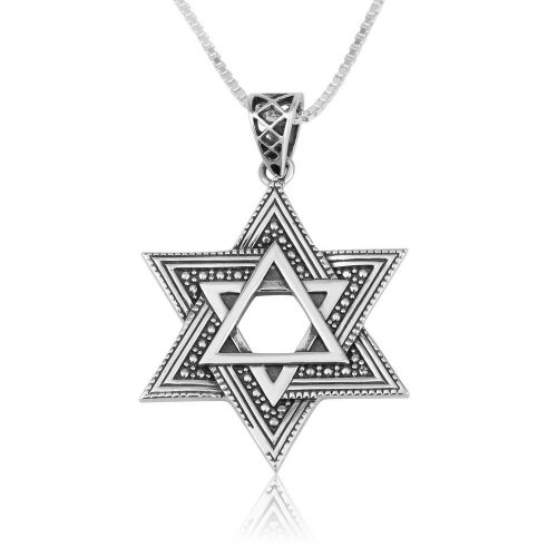 Sterling Silver Double Star of David Pendant Necklace  Beaded and Smooth Design