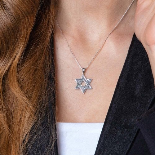 Sterling Silver Double Star of David Pendant Necklace  Beaded and Smooth Design