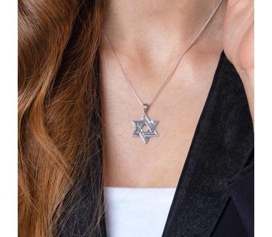 Sterling Silver Double Star of David Pendant Necklace – Beaded and Smooth Design
