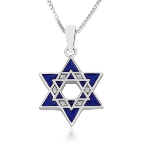 Sterling Silver Double Star of David Pendant Necklace - Blue Enamel and Crystals