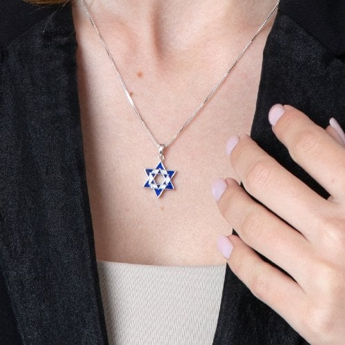 Sterling Silver Double Star of David Pendant Necklace - Blue Enamel and Crystals