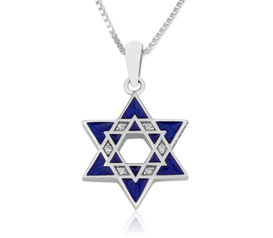 Sterling Silver Double Star of David Pendant Necklace - Blue Enamel and Crystals