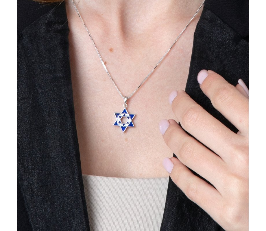 Sterling Silver Double Star of David Pendant Necklace - Blue Enamel and Crystals