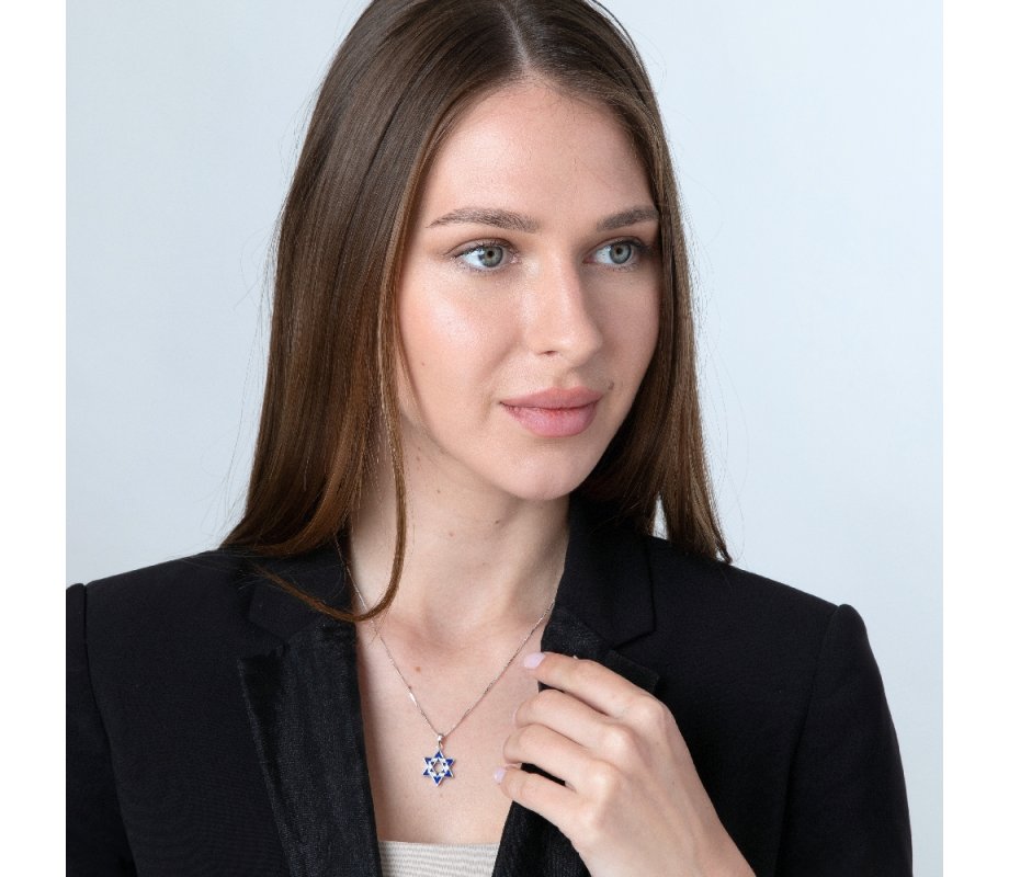 Sterling Silver Double Star of David Pendant Necklace - Blue Enamel and Crystals