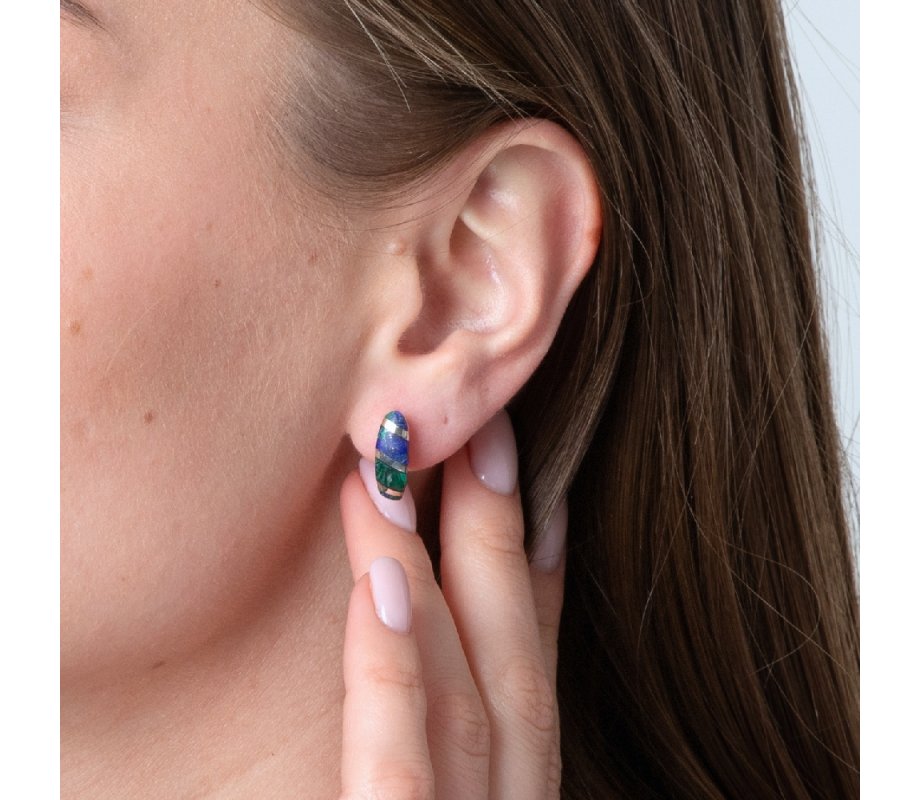 Sterling Silver Earrings, Curved Eilat Stone with Silver Stripes