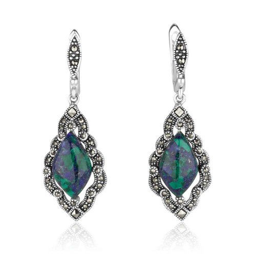 Sterling Silver Earrings, Diamond Shape Eilat Stone with Marcasite Frame