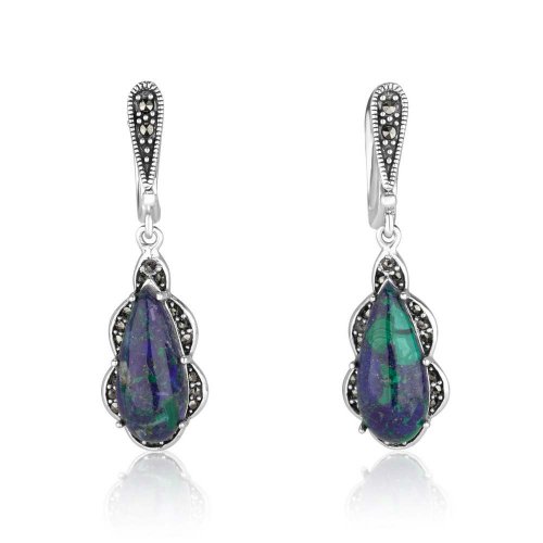 Sterling Silver Earrings, Tear Drop Eilat Stone in Curving Marcasite Frame