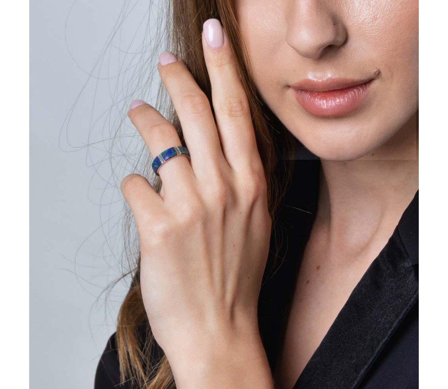 Sterling Silver Eilat Stone Ring with Two Decorative Artwork Stripes