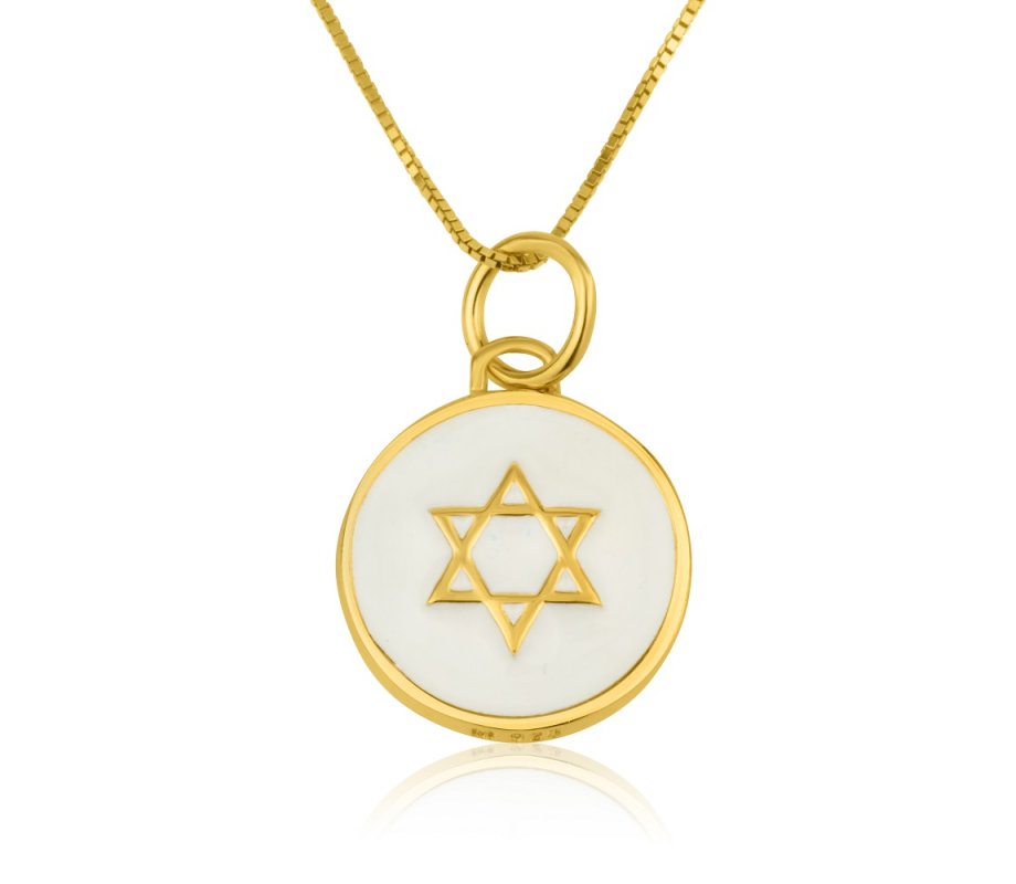 Sterling Silver Gold Plated Pendant Necklace – Gold Star of David on White Enamel
