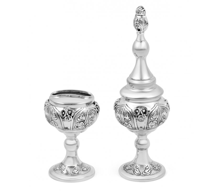 Sterling Silver Havdalah Set Spice Box and Candle Holder - Floral Design