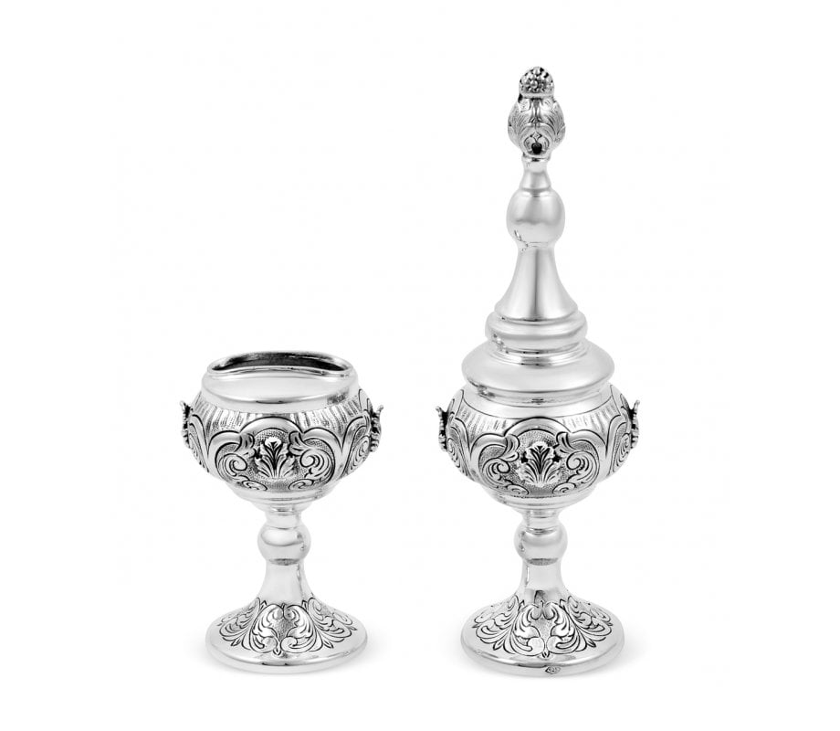 Sterling Silver Havdalah Set with Spice Box and Candle Holder - Swirling Engraving