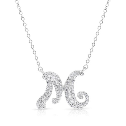 Sterling Silver Initial Letter Pendant Necklace with Glittering Zircons
