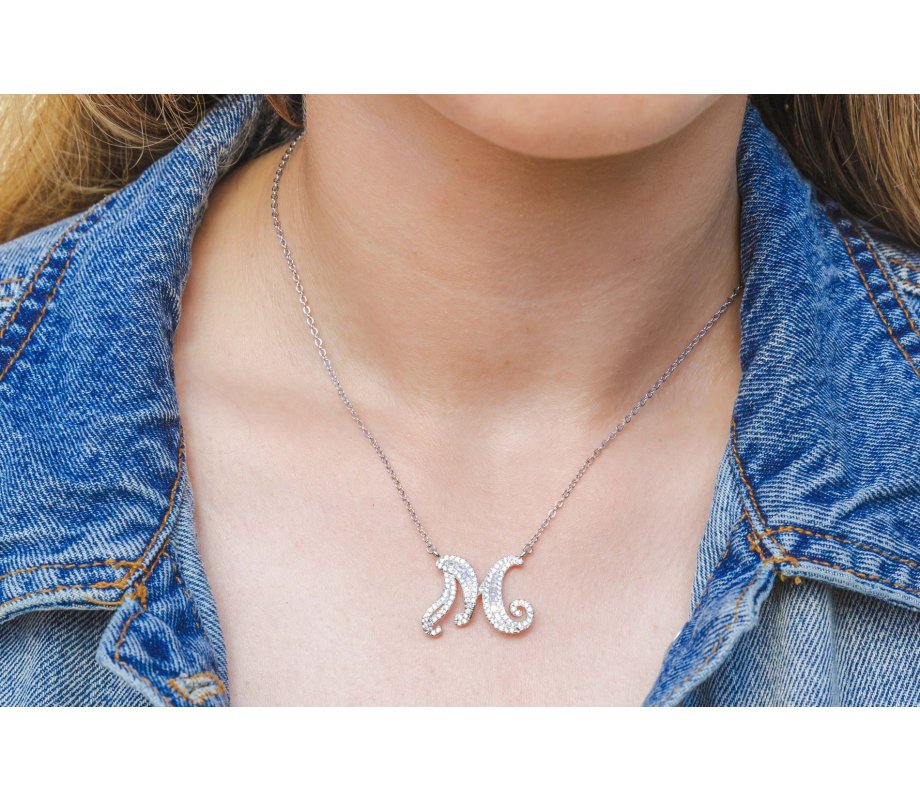 Sterling Silver Initial Letter Pendant Necklace with Glittering Zircons