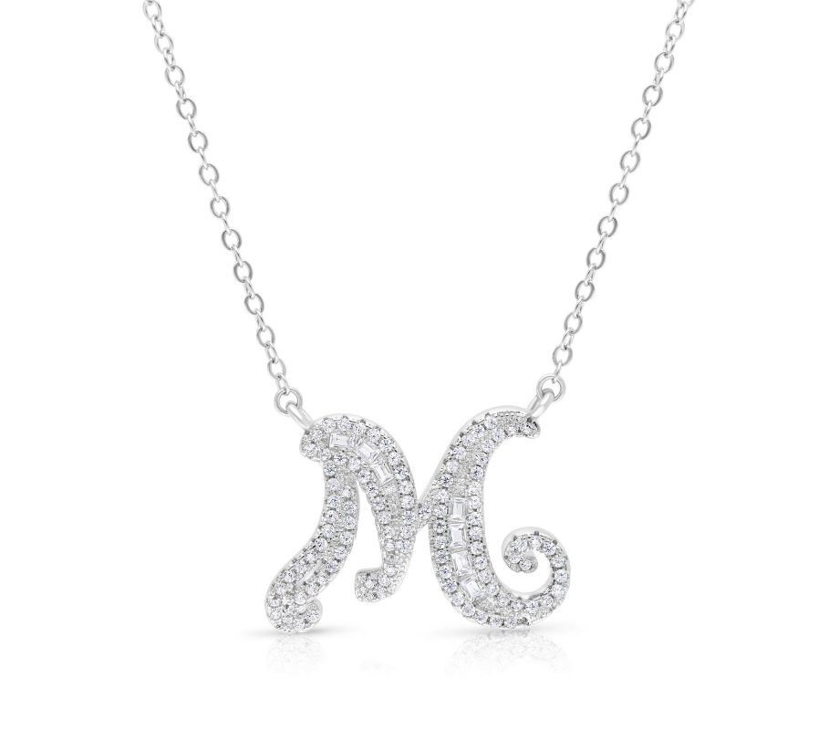 Sterling Silver Initial Letter Pendant Necklace with Glittering Zircons