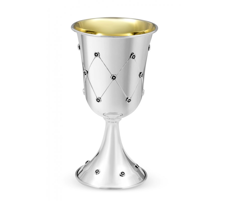 Sterling Silver Kiddush Goblet with Matching Plate - Diamond Flower Design